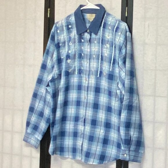 Long Sleeve Plaid Embroidered Front Mother of Pearl Button Shirt Blue XL Teddi - Picture 4 of 12